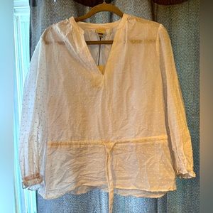 White linen top with tie waist and white dots